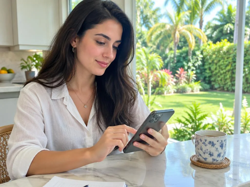 Mutfak masasında telefonundan form dolduran kadın